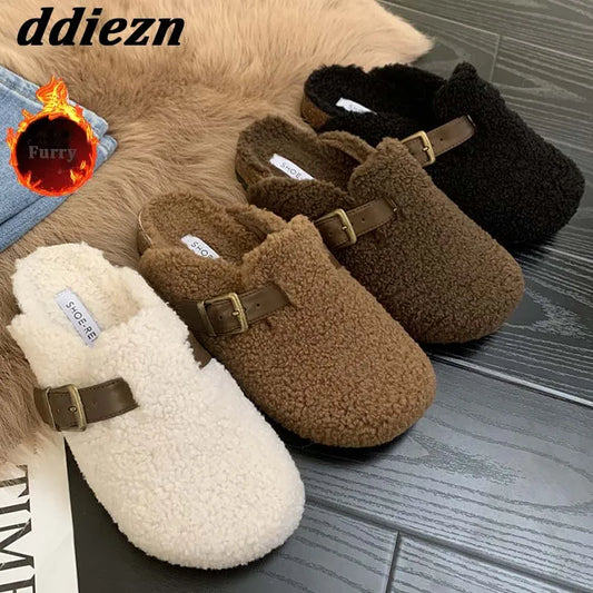 Fashion Buckle Strap Women Mules Fur Slippers 2024 Winter Warm Ladies Flat With Furry Shoes Casual Outdoor Indoor Female Slides