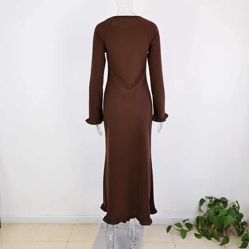Elegant Roll Edge Party Dress For Women Long Sleeve O Neck Slim Flare Sleeve Long Robes 2025 New Lady High Street Evening Gown