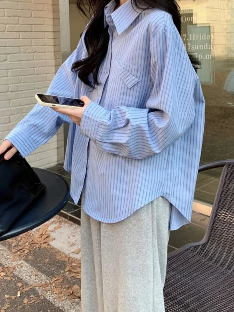 korean fashion Shirts for Women Loose Versatile Long Sleeves Blouse Pocket Casual Spring New Blue Striped Women's Shirt
