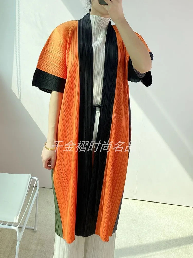 Women Printed Trench Miyake Pleated Fashion Printed Loose Plus Size Japan Style Belt Female Long Coats Tide