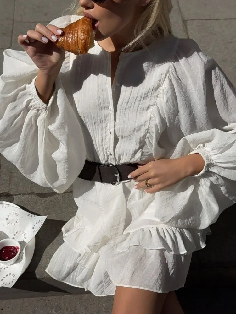 Women Single Breasted Ruffles Dress Fashion Solid Lantern Sleeve Loose Pleated Vestidos Summer Lady Vacation Party Gowns 2025