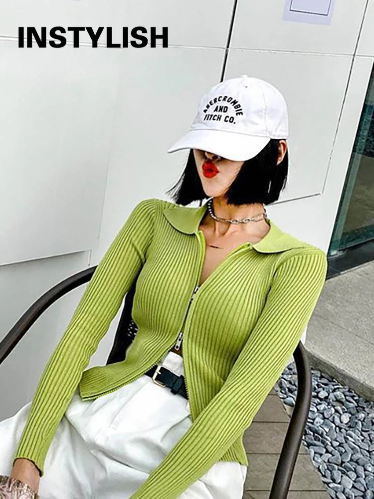 Elegant Korean Knitted Sweater Sexy Lapel Zipper Up Cardigan Women Vintage Harajuku Slim Coat Casual Ribbed Knit Cropped Tops