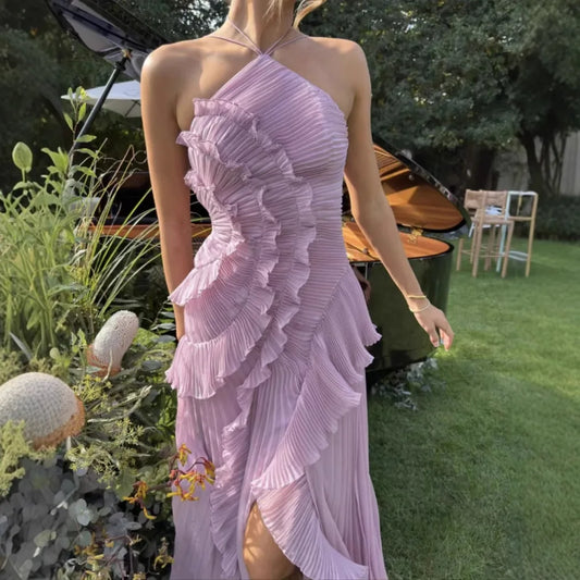 Purple Ruffle Irregular Maxi Dress for Women Sexy Halter Backless Party Dresses Summer Fashion Chiffon Holiday Fairy Dress 2025