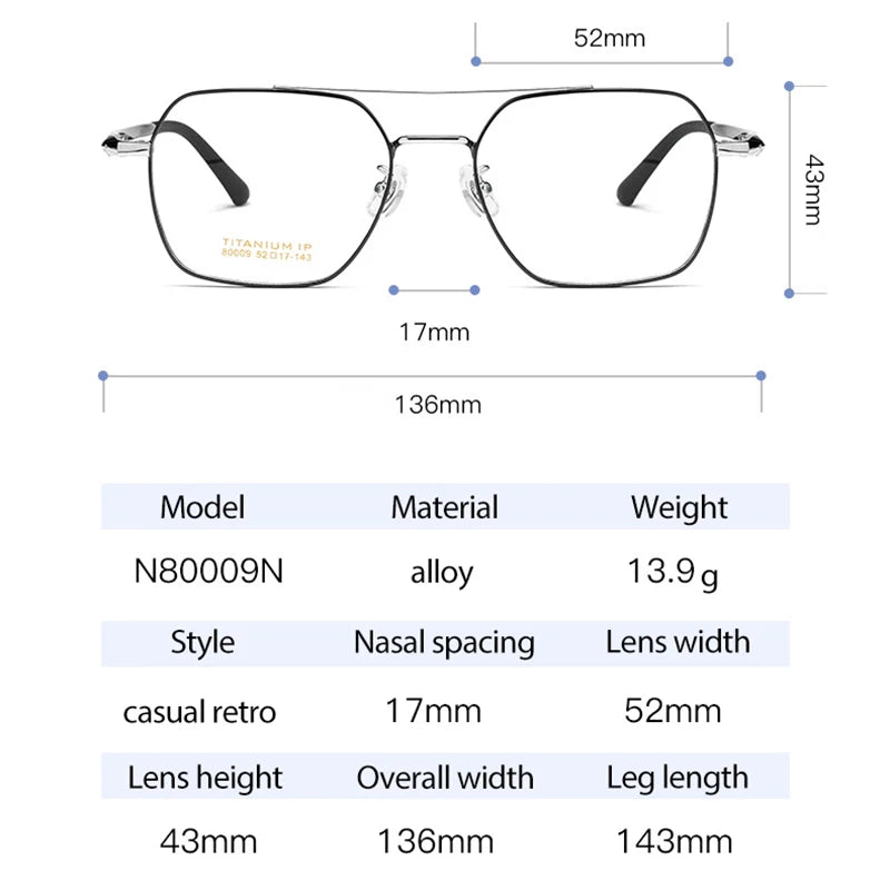 Full Rim Metal Frame Glasses for Men and Women, Titanium Legs, Retro Style, Polygon Myopia Eyewear, New Arrival