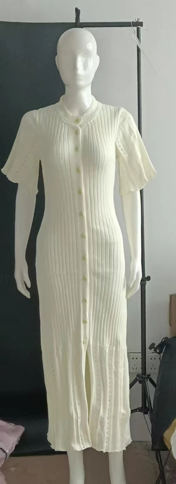 Elegant Knitted Single Breasted Midi Dress Women's Patchwork Dresses Female 2025 Summer Robe New Black Beige Robes Evening Party