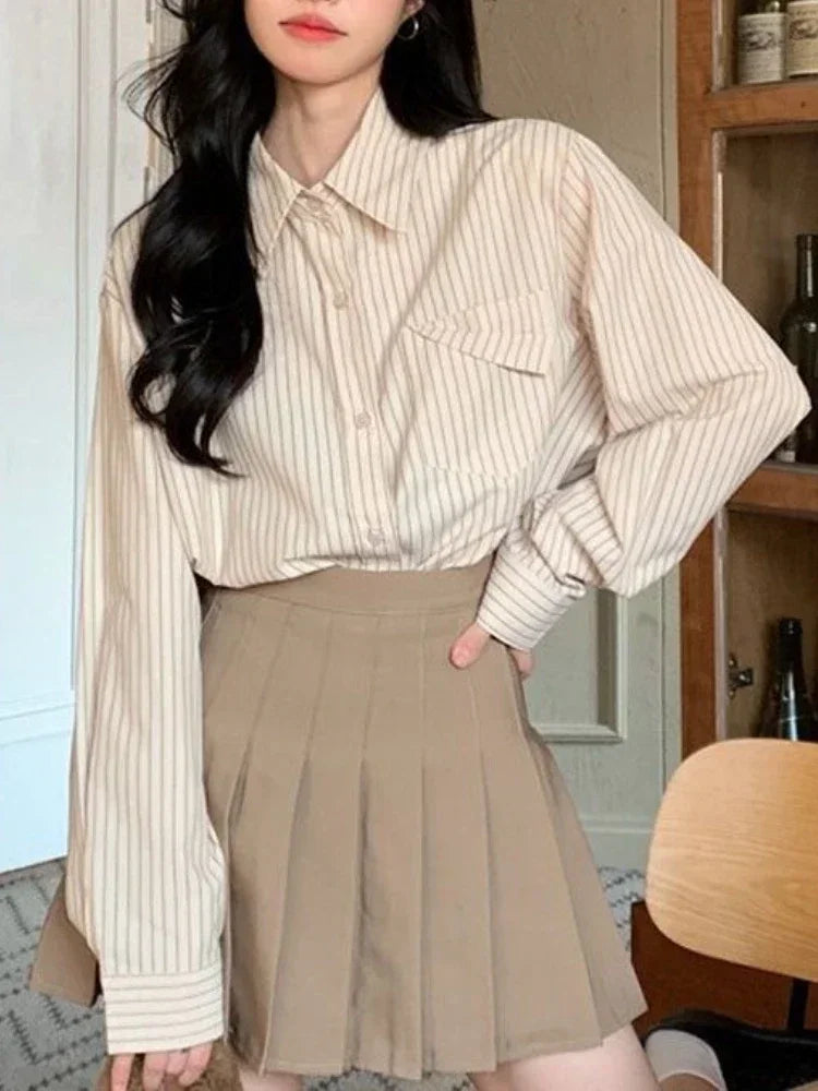 korean fashion Shirts for Women Loose Versatile Long Sleeves Blouse Pocket Casual Spring New Blue Striped Women's Shirt