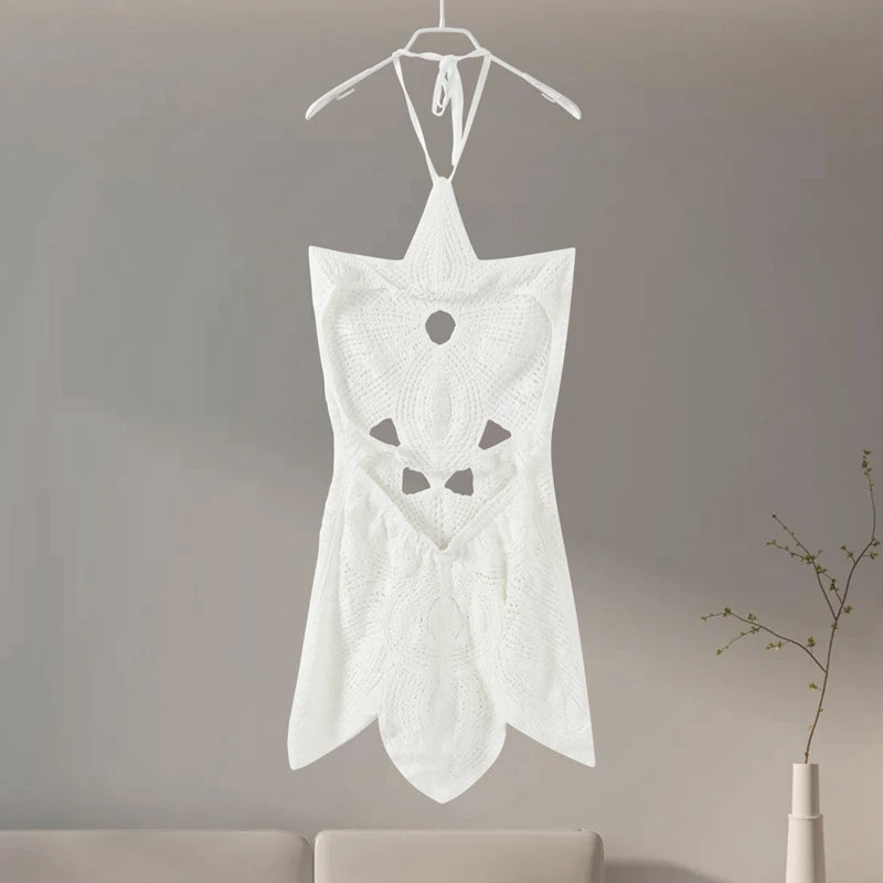 Hollow Out Halter Women Dress Sexy Backless Solid Mini Beach Dress Knitted Irregelar Petaling Short Dresses Female Slim Dress