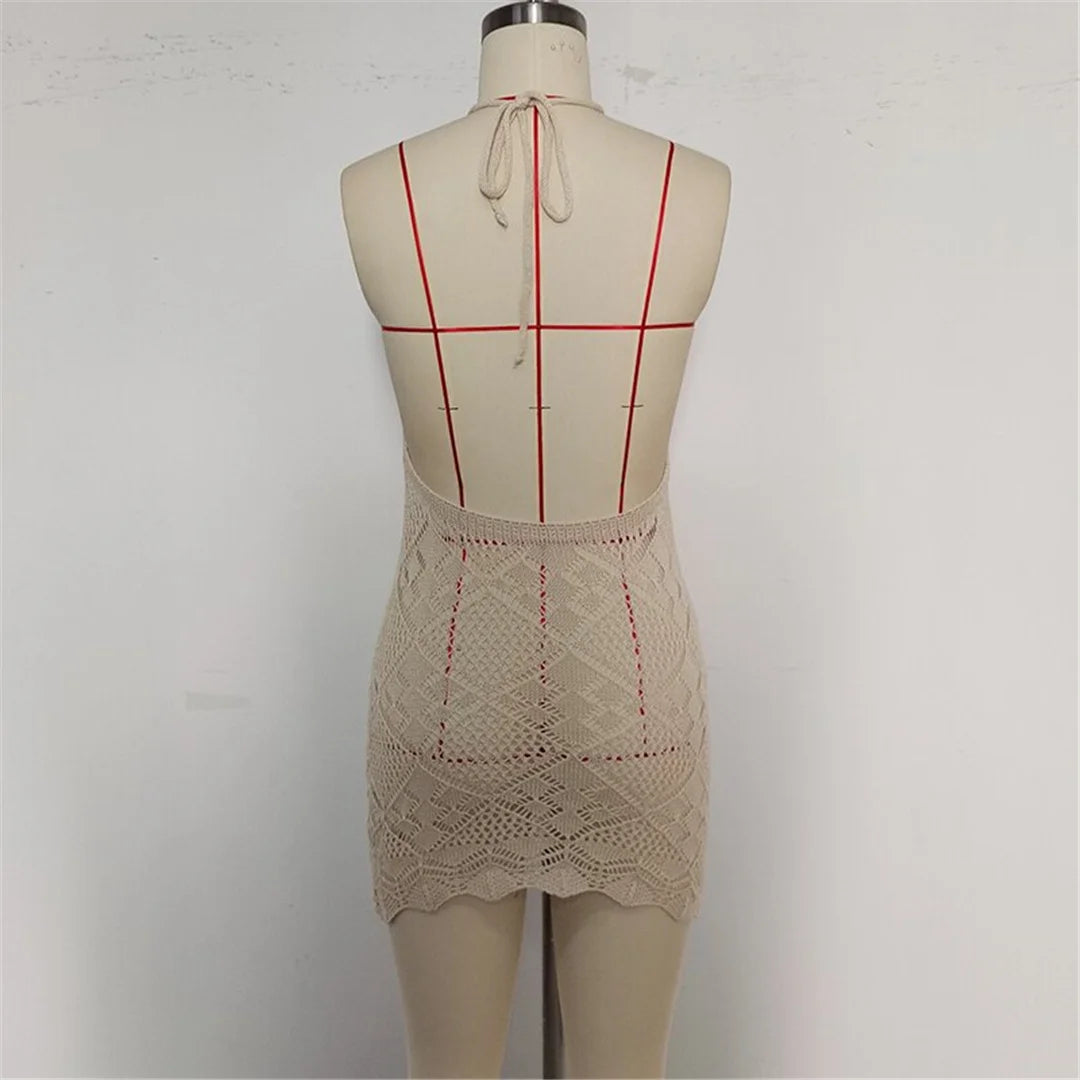 Hollow Out Halter Backless Crochet Knitted Tunic Beach Cover Up Cover-ups Beach Dress Beach Wear Beachwear Female Women V6511