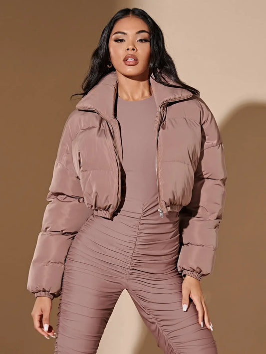 American short women winter new cotton-padded coat small solid color stand collar bread coat cotton-padded coat