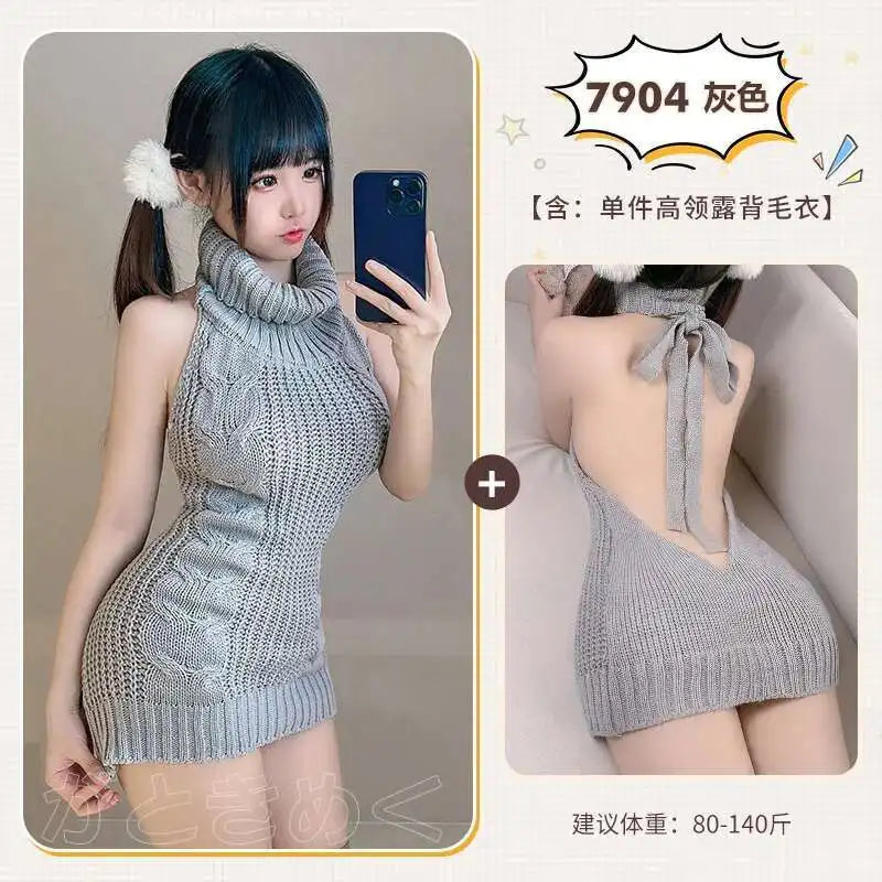 Turtleneck Sweater Mini Dress Backless Underwear Women's Sexy Uniform Dress Elegant Fashion Sweet Women 2023 New D0VL