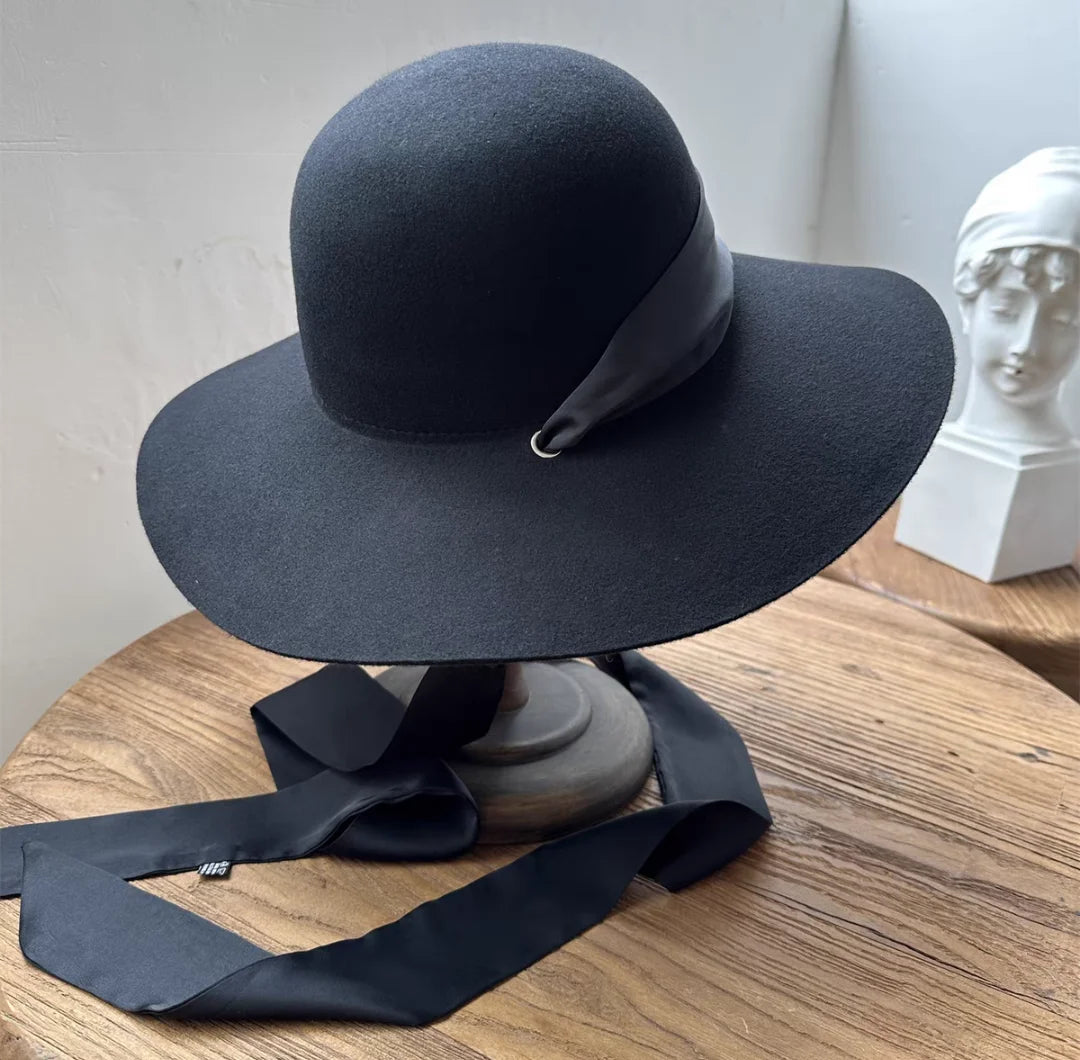 Autumn and Winter 100% Wool Hat Bell Hat Women's French Elegant Retro Hepburn Round Top Big brim Hat