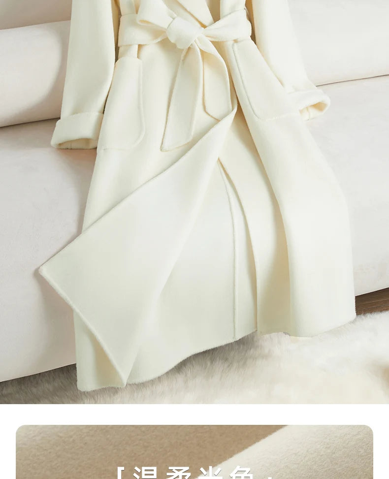 White Belt Double-sided Cashmere Coat Women's 2024 New Fashion Temperament Winter Slim Wool Coat Solid Female Long Windbreaker