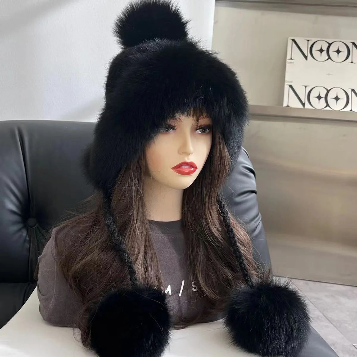 Real Mink Fur Hat For Women Winter Natural Fur Lei Feng Hat With Fox Fur Ball Thicked Ear Protection Hat Female Hand Knitted Hat