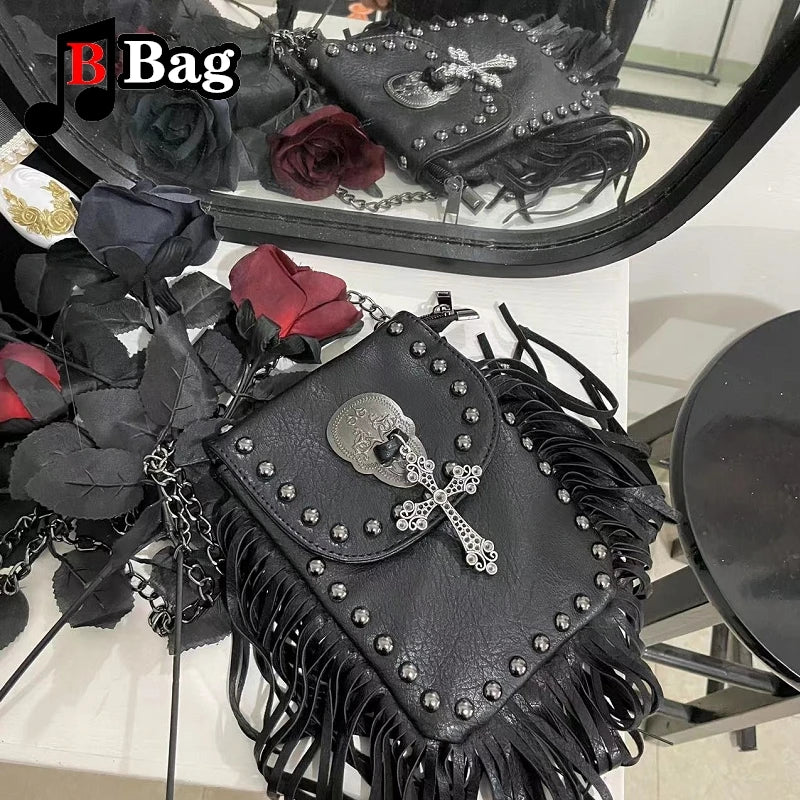 Vintage PU Leather Tassels Bags Y2K Women Girl Gemstone Fringed Shoulder Bags Female Punk Cross Messenger Bags phone bag