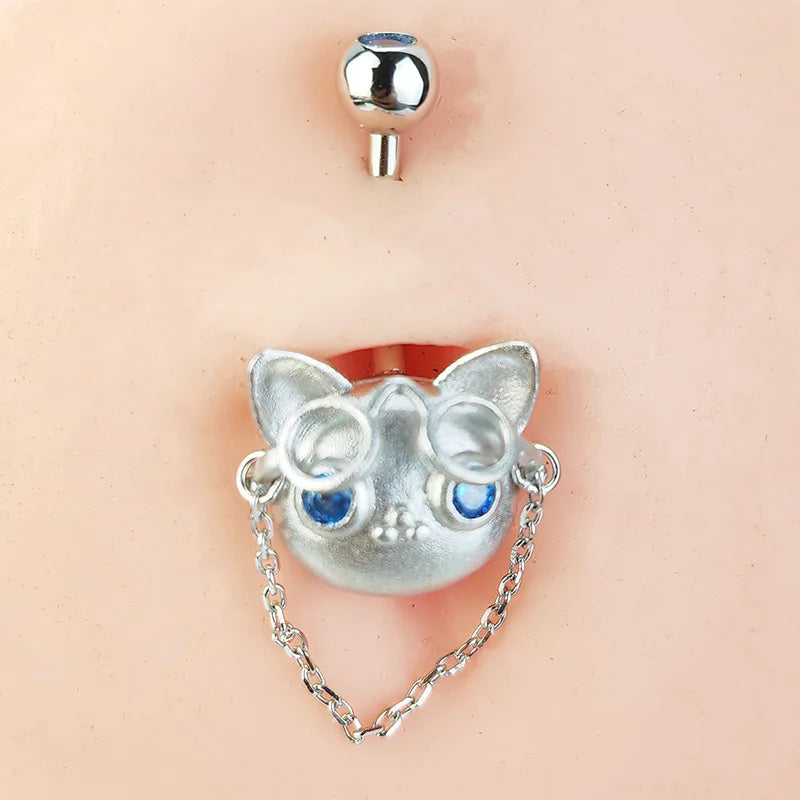 MIQIAO 925 Silver Belly Rings Body Piercing Glasses Cat Luxury Woman Jewelry Navel Piercing Silver High Quality Rose Gold Color