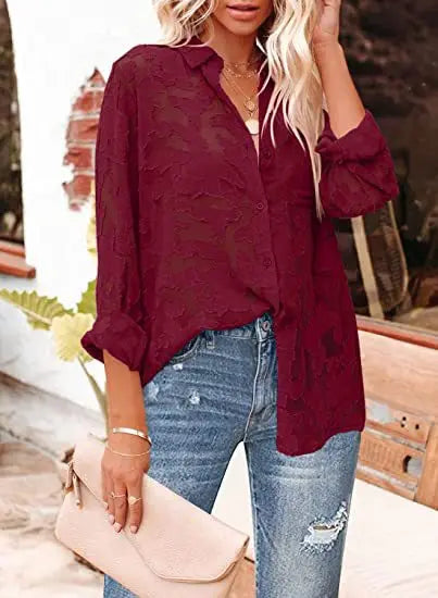 Elegant Long Sleeve Lapel Lace Blouse Office Lady Spring Summer Hollow Out Jacquard Loose Shirt Oversized Tops Luxury Chic Tunic