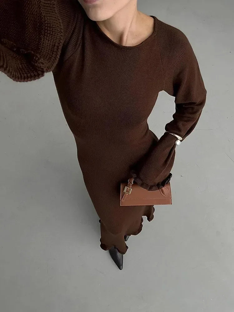 Elegant Roll Edge Party Dress For Women Long Sleeve O Neck Slim Flare Sleeve Long Robes 2025 New Lady High Street Evening Gown