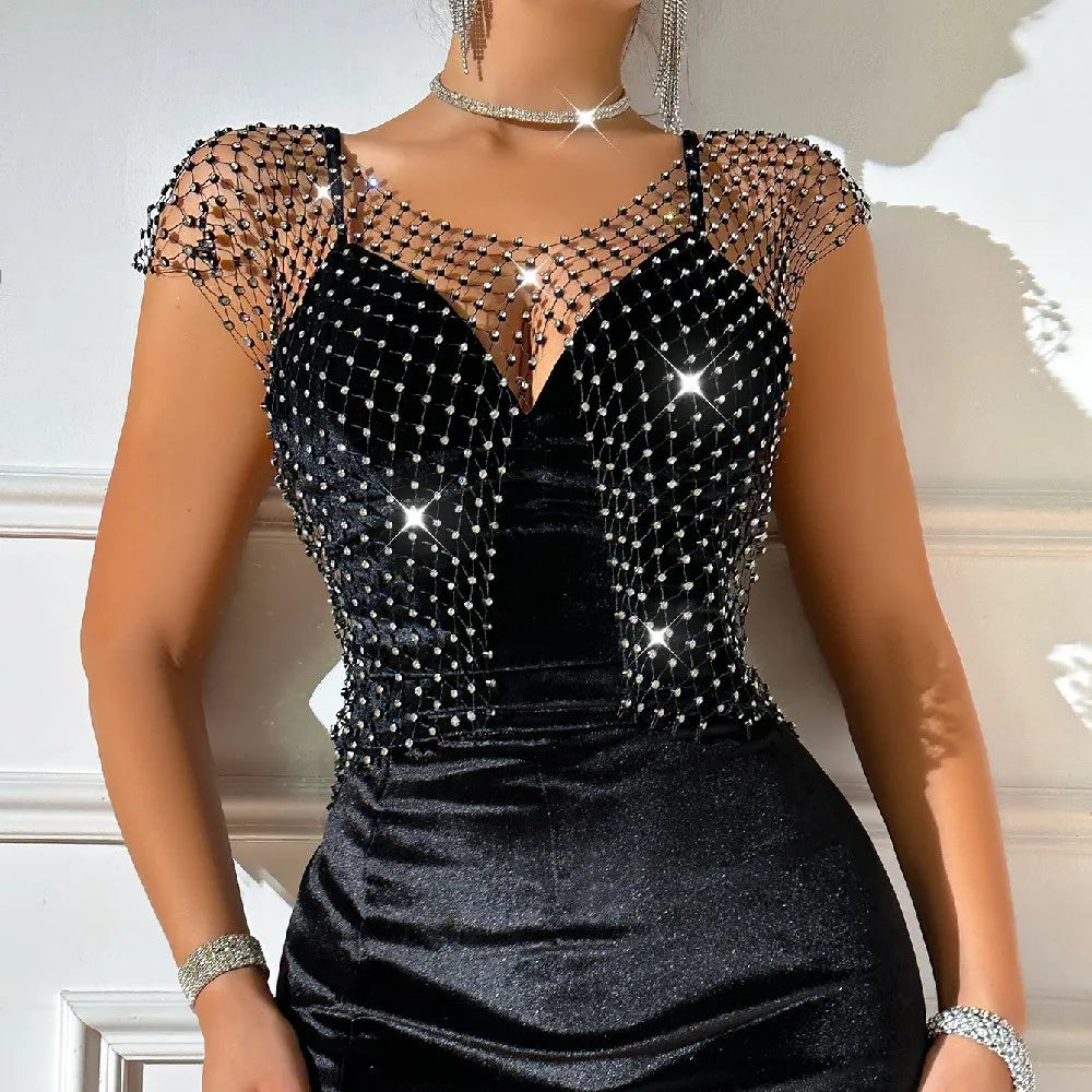 Sexy See Through Rhinestone Crop Top for Women 2023 Trendy Shiny Diamond Fishing net Tank Top Rave Night Club Outfits Short Top