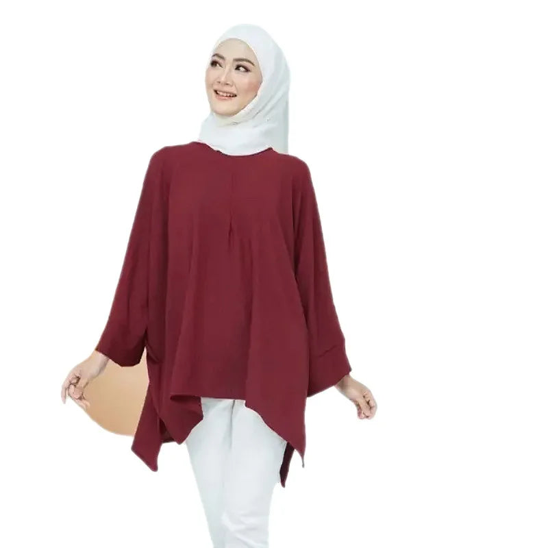 Southeast Asia Islam Abaya Kaftan New Long-sleeved Loose Casual Islam Abaya Kaftan Irregular Hem Ice Silk Women Shirt