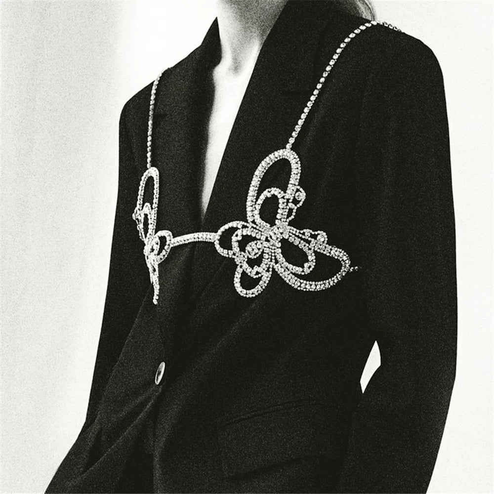 Fashion Butterfly Bra Bikini Top Lingerie for Women Sexy Rhinestone Luxury Crystal Body Chain Harness Necklace Jewelry Party