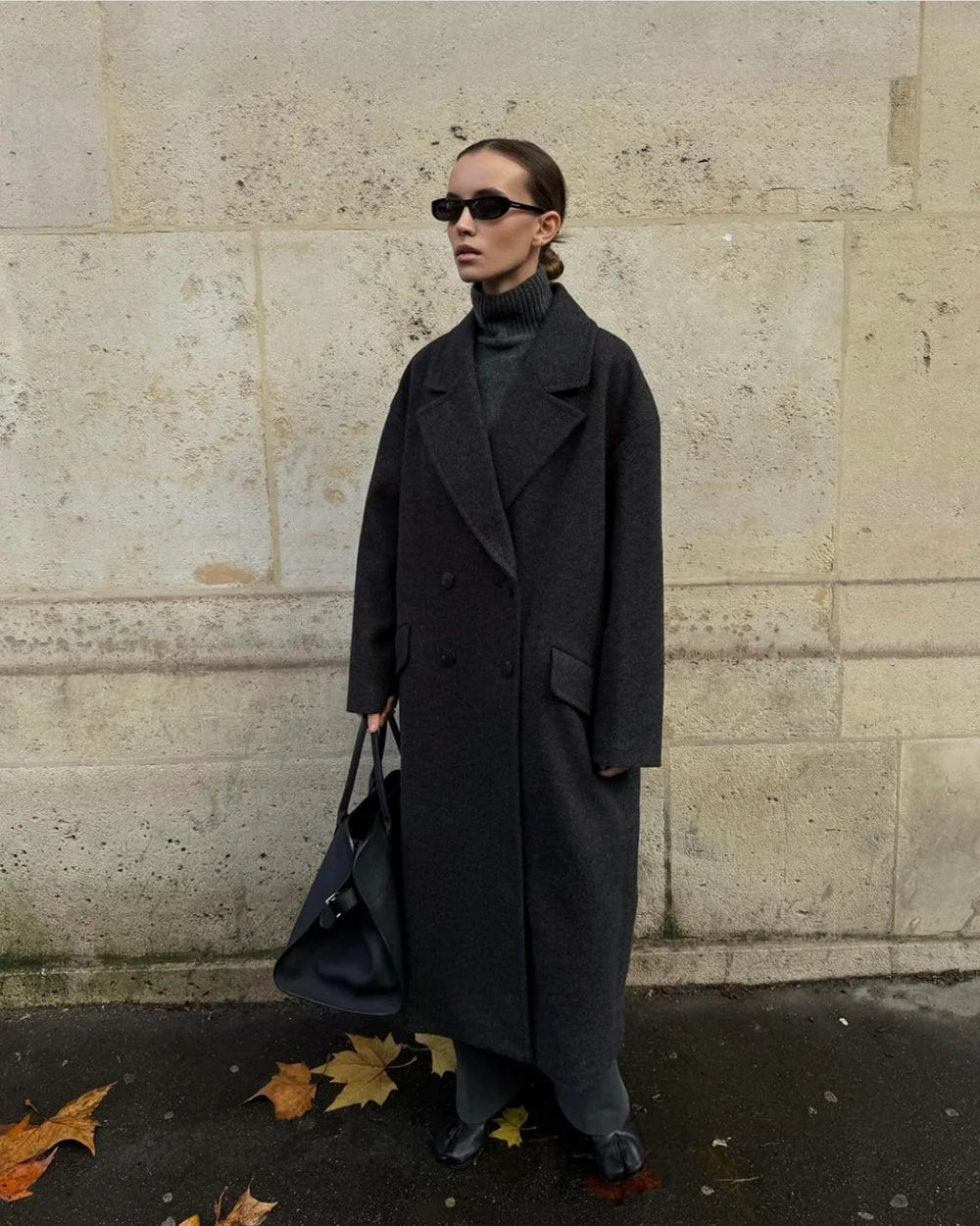 Women's Fashion Casual Loose Long Coat Coat Autumn and Winter Double-breasted Lapel Coat Warm and Soft Solid Colour Coat