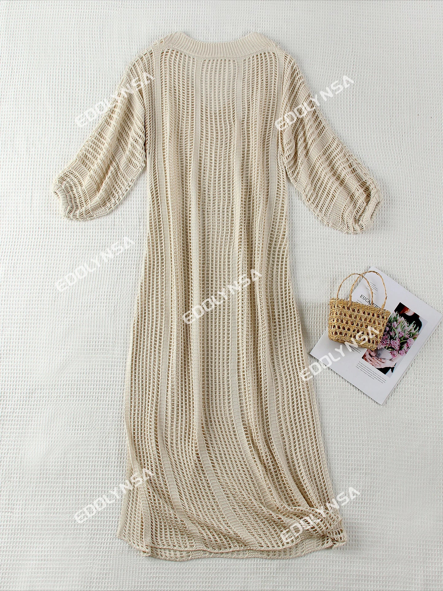 Elegant Knit Long Dress 2025 Sexy See-through V Neck Lantern Sleeve Side Split Beach Maxi Dresses Holiday Swimsuit Cover Up K15
