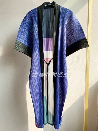 Women Printed Trench Miyake Pleated Fashion Printed Loose Plus Size Japan Style Belt Female Long Coats Tide