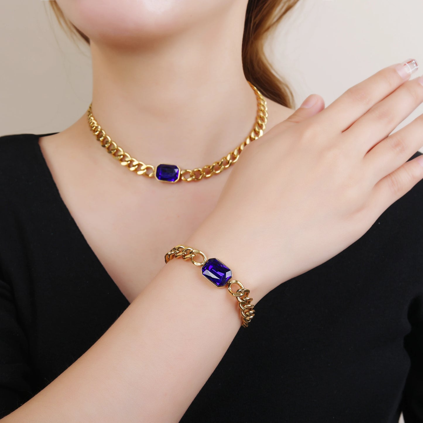 Personalized Rectangle Colorful Crystal Six-Sided Polished Cuban Chain Necklace Bracelet Set For Woman Stainless Steel Jewelry