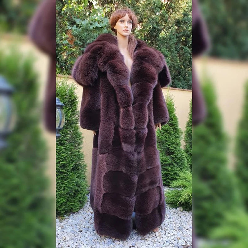 Genuine Full Pelt Fox Fur Jacket Women Winter Vintage Wine Red Hooded Straight Outertwear Luxury Real Fox Fur Coats Female