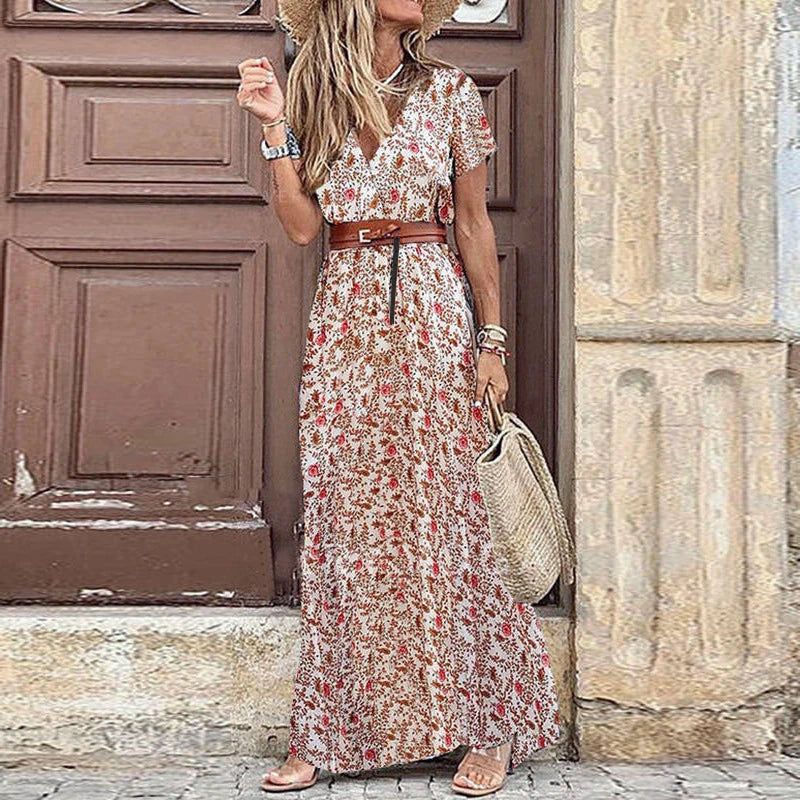 Women's 2023 Floral Summer Dress Wrap V Neck Short Sleeve Belted Ruffle Hem Bohemian Maxi Sun Dresses with Belt A Black