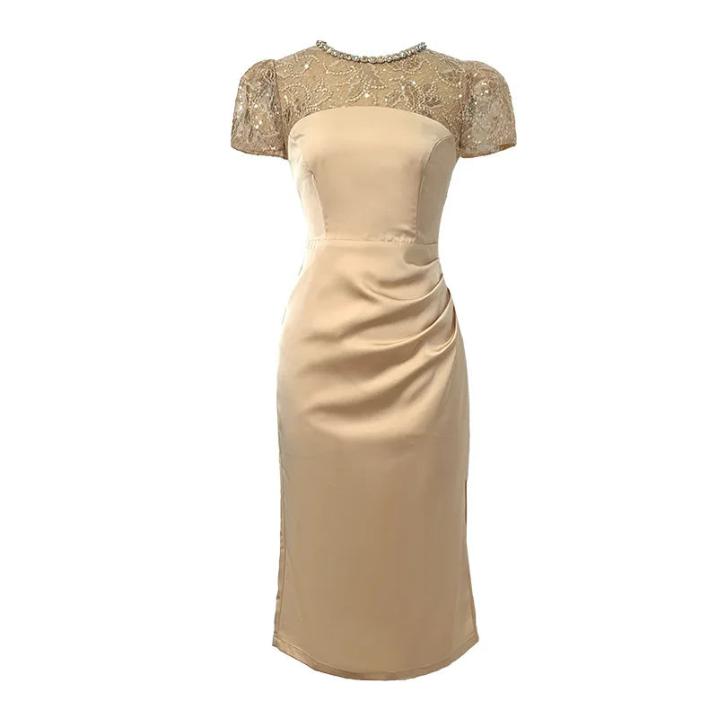 Summer Women Midi Dress Elegant Sheer Lace Satin Panel Shiny Diamond Sequins Pleated Slit Slim Lady Outfit Party Office Vestido