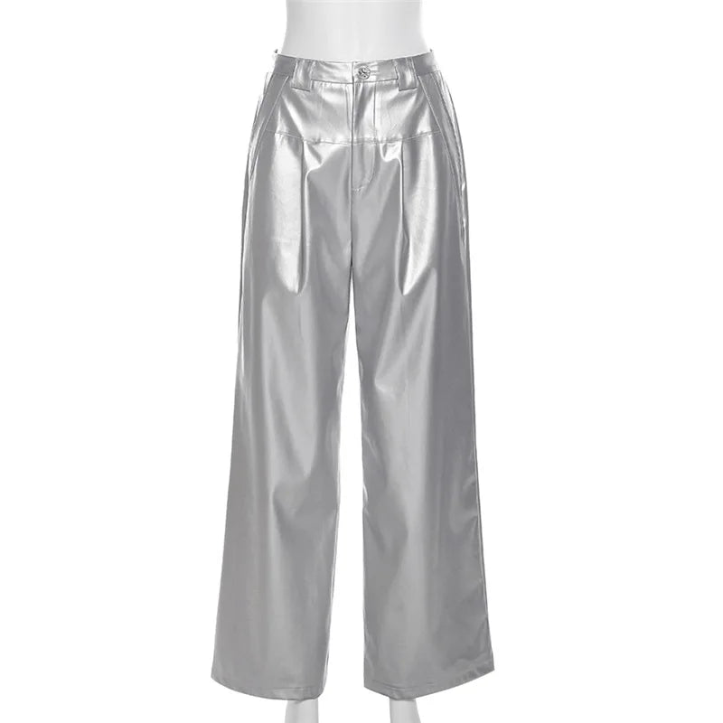 Silver Retro Matte Trendy Personalized All-match Casual High Street Cool Confident Casual Women's Autumn Wide Leg Pants