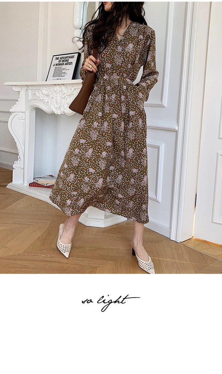 ARTKA 2023 Spring New Women Dress Elegant Loose Puff Sleeve Prints Dresses V-Neck High Waist A-Line Chiffon Long Dress A22LA055C