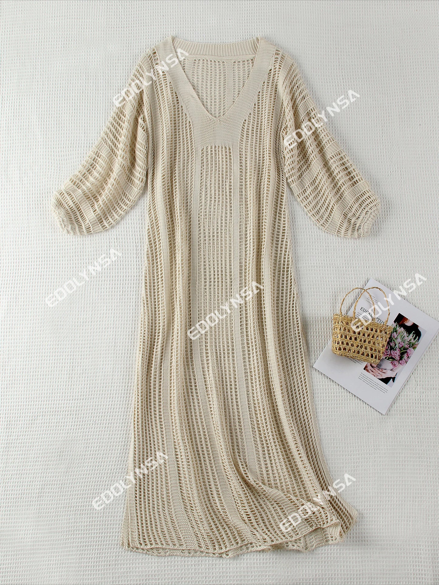 Elegant Knit Long Dress 2025 Sexy See-through V Neck Lantern Sleeve Side Split Beach Maxi Dresses Holiday Swimsuit Cover Up K15