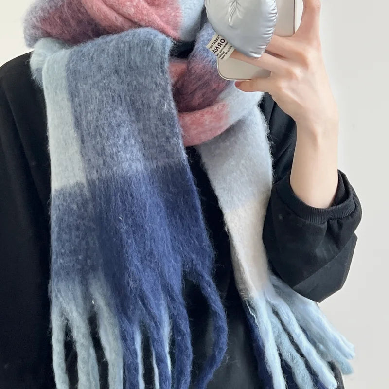 Winter Multicolor Stripe Scarf Cashmere Thick Shawl Women Long Winter Warm Pashmina Wraps with Tassel Scarf For Women