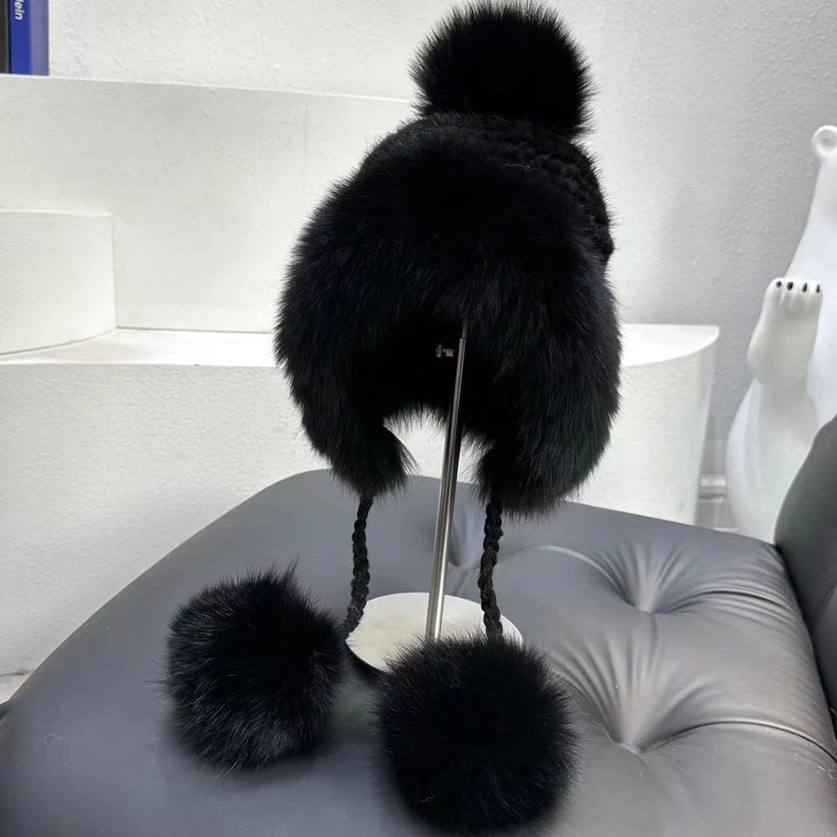 Real Mink Fur Hat For Women Winter Natural Fur Lei Feng Hat With Fox Fur Ball Thicked Ear Protection Hat Female Hand Knitted Hat