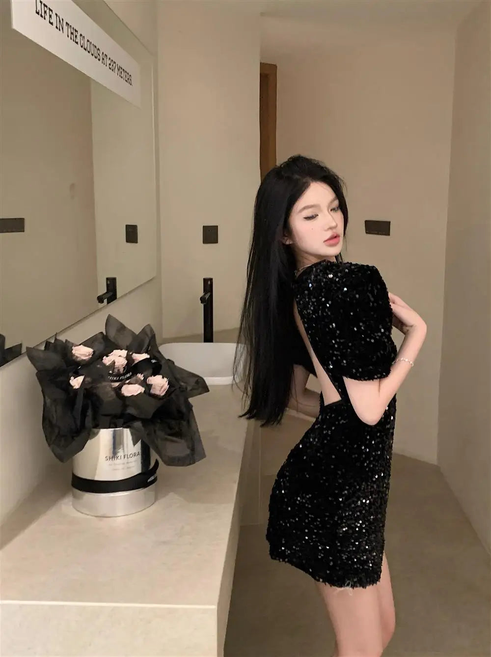 Korejpaa Sexy Dress Women Korean Style Backless Black Dresses Spring Summer Sequin Short Sleeve Slim Waist Vestidos Femme