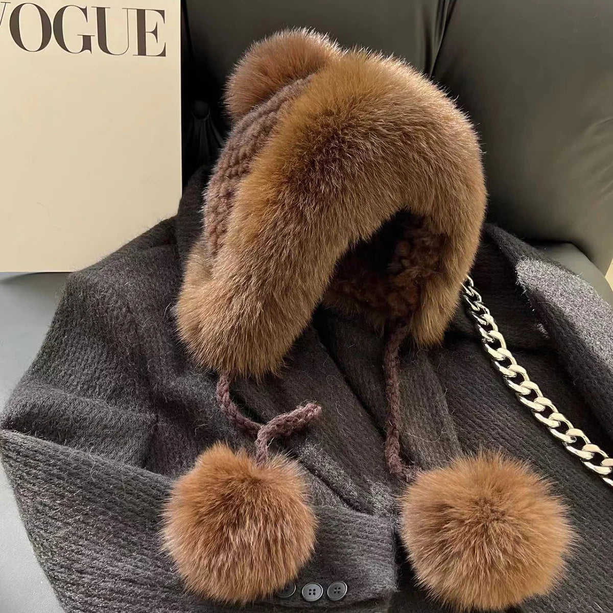 Real Mink Fur Hat For Women Winter Natural Fur Lei Feng Hat With Fox Fur Ball Thicked Ear Protection Hat Female Hand Knitted Hat