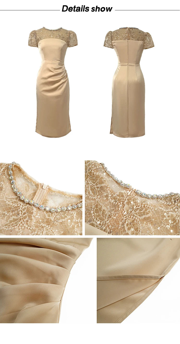 Summer Women Midi Dress Elegant Sheer Lace Satin Panel Shiny Diamond Sequins Pleated Slit Slim Lady Outfit Party Office Vestido