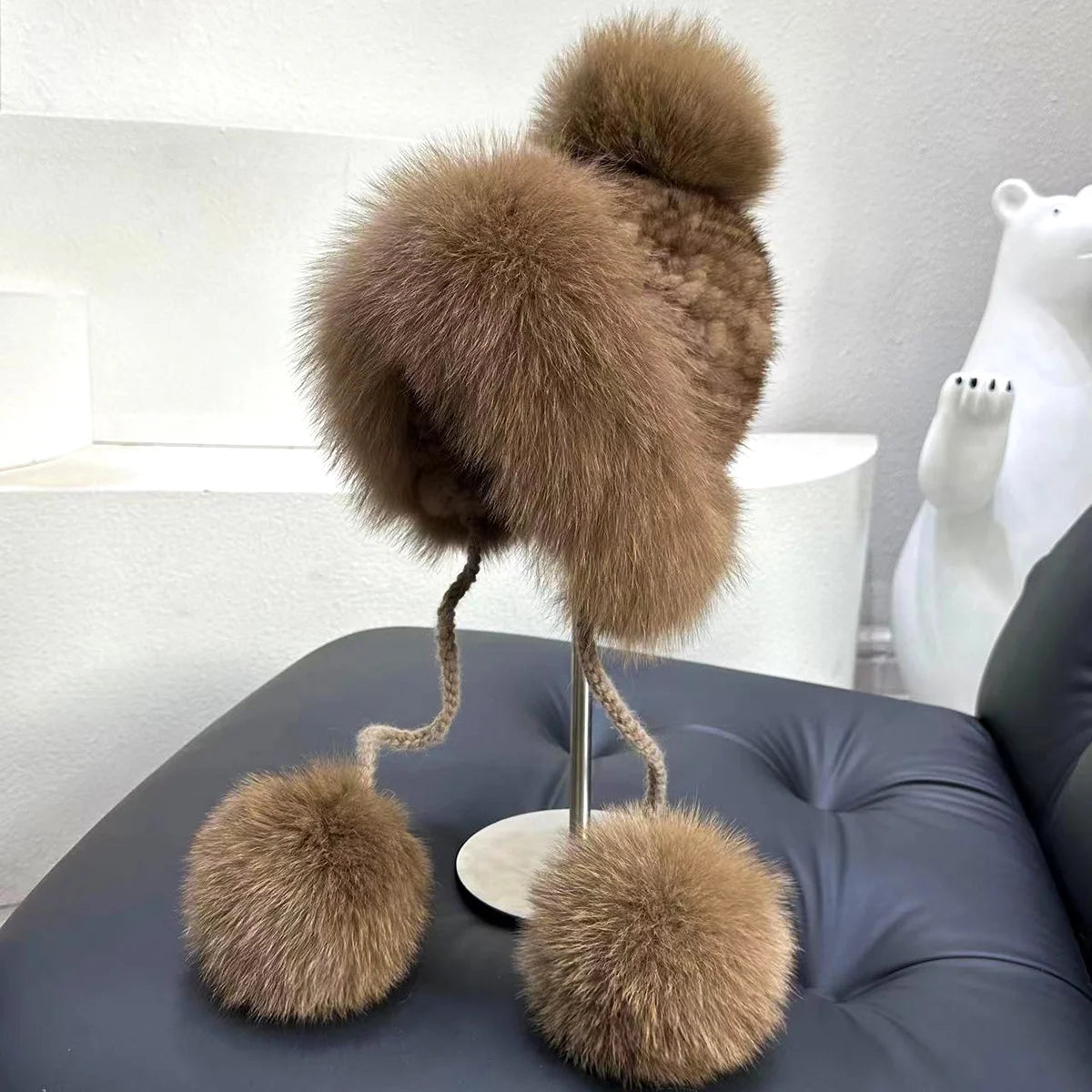 Real Mink Fur Hat For Women Winter Natural Fur Lei Feng Hat With Fox Fur Ball Thicked Ear Protection Hat Female Hand Knitted Hat