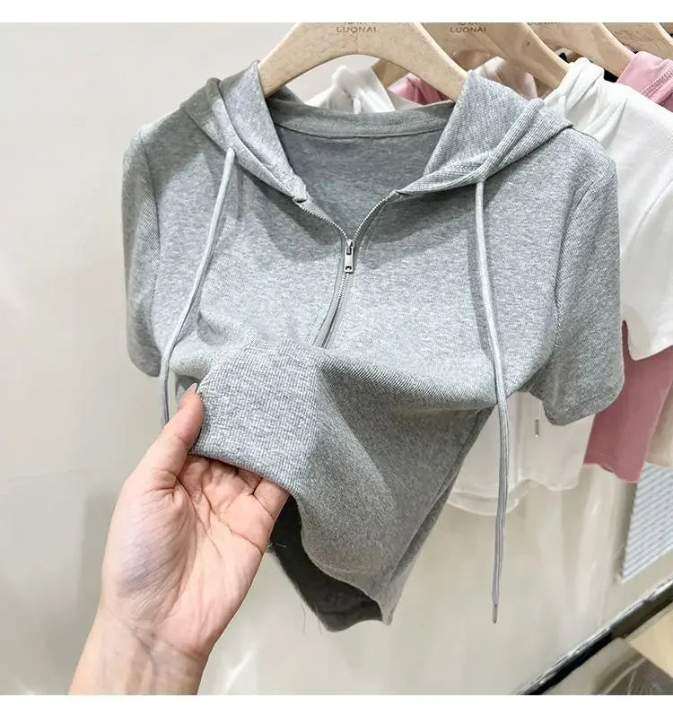 Hoodedslims Women's Double Zip Short Sleeve T-Shirt Cropped Top Sensible Design Polyester Fiber Summer 2025 New Arrival Jacket