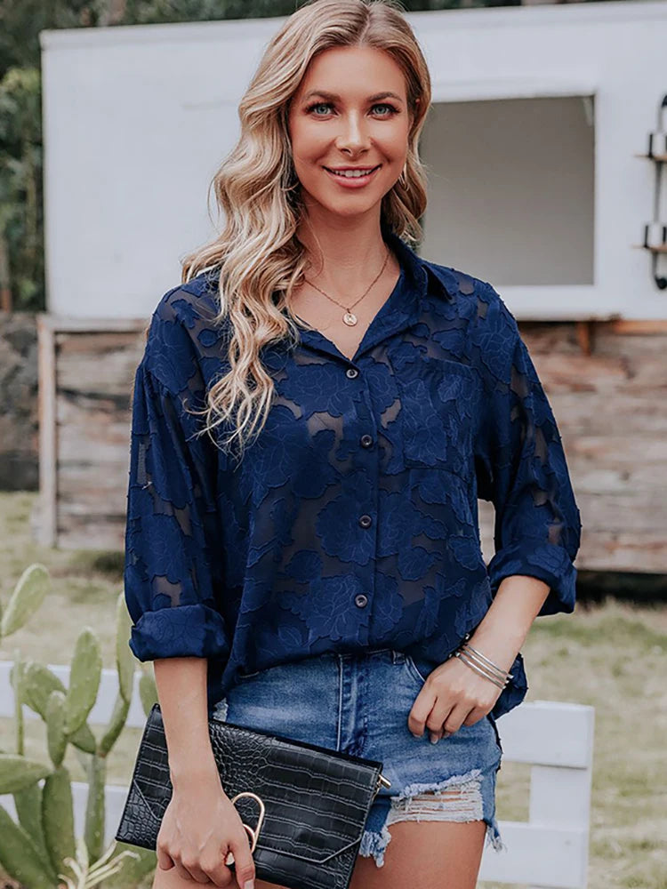 Elegant Long Sleeve Lapel Lace Blouse Office Lady Spring Summer Hollow Out Jacquard Loose Shirt Oversized Tops Luxury Chic Tunic