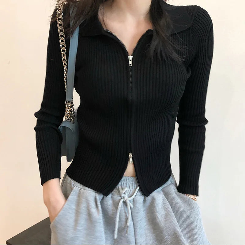 Elegant Korean Knitted Sweater Sexy Lapel Zipper Up Cardigan Women Vintage Harajuku Slim Coat Casual Ribbed Knit Cropped Tops