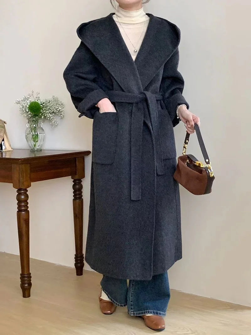 Wool Beige Pocket Belted Long Woolen Coat New Hooded Long Sleeve Women Jacket Fashion Tide Autumn Winter 2025 New