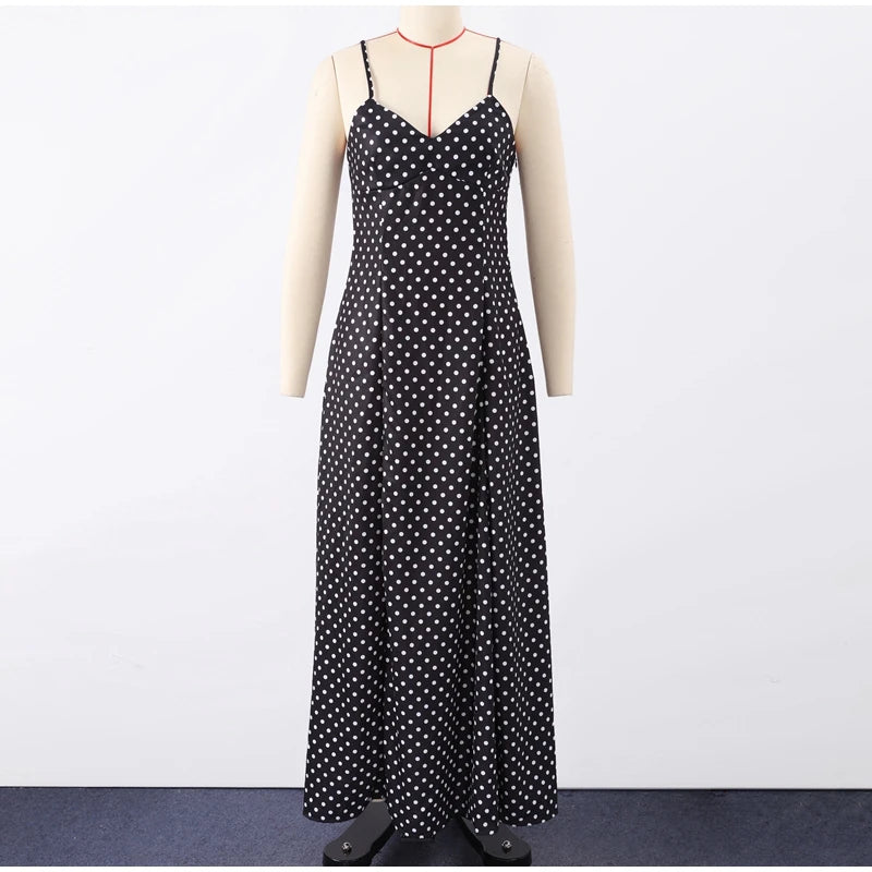 Dot Print Long Slip Dress Women Spring Summer V-neck Sleeveless Backless A-line Dresses Female Party Vintage Robes Lady Holiday