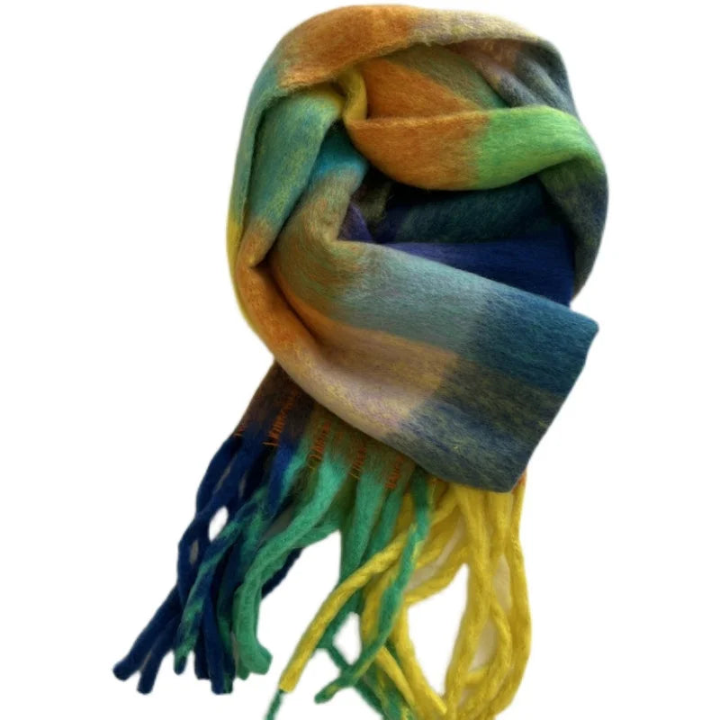 Winter Multicolor Stripe Scarf Cashmere Thick Shawl Women Long Winter Warm Pashmina Wraps with Tassel Scarf For Women