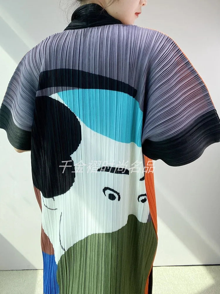 Women Printed Trench Miyake Pleated Fashion Printed Loose Plus Size Japan Style Belt Female Long Coats Tide