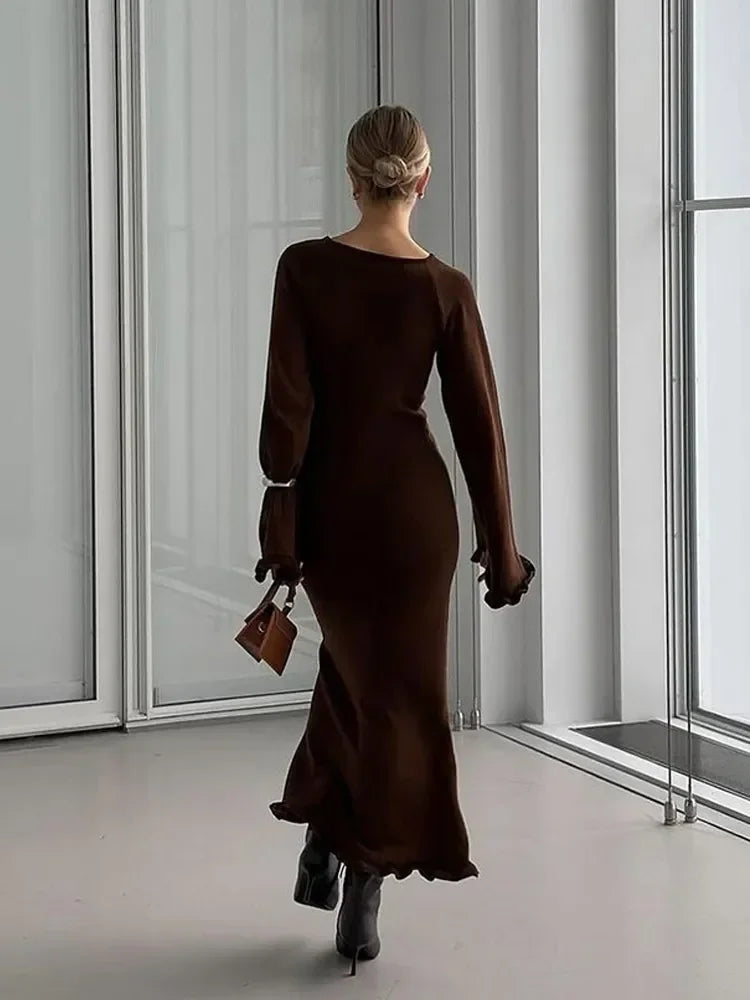 Elegant Roll Edge Party Dress For Women Long Sleeve O Neck Slim Flare Sleeve Long Robes 2025 New Lady High Street Evening Gown