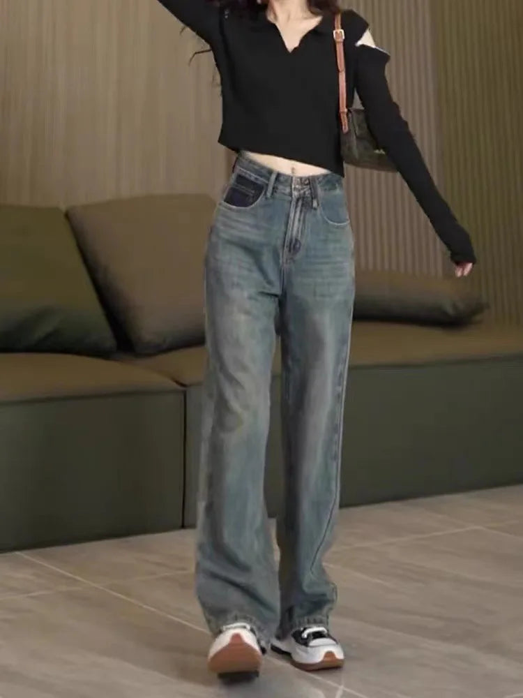 Spring Autumn Korean Fashion Streetwear High Waist Wide Leg Trousers Blue Straight Clothing Female Women's Pants y2k Baggy Jeans