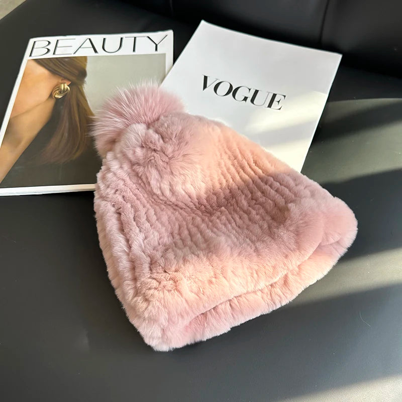 Real Rex Rabbit Fur Hat For Women Winter Thickened Fur Hat Warm Ear Protection Hat Hand Knitted Fur Hat Outdoor Natural Fur Hats